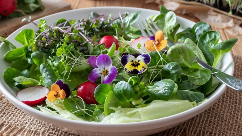 Edible violas sprinkled in a salad