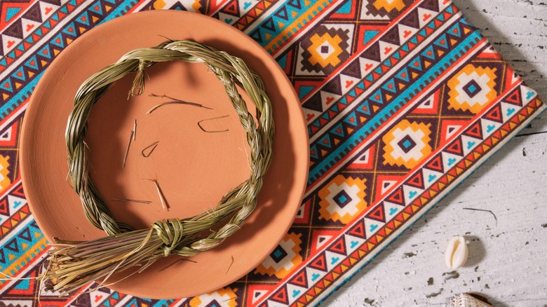 ceremonial sweetgrass braid in dish