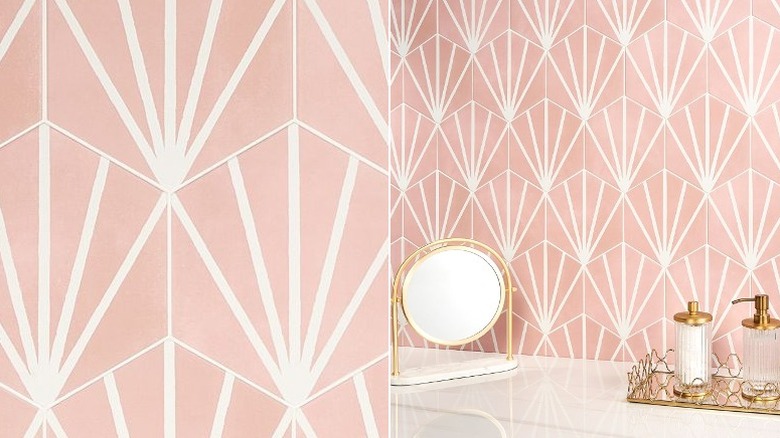 Pink starburst tiles behind mirror