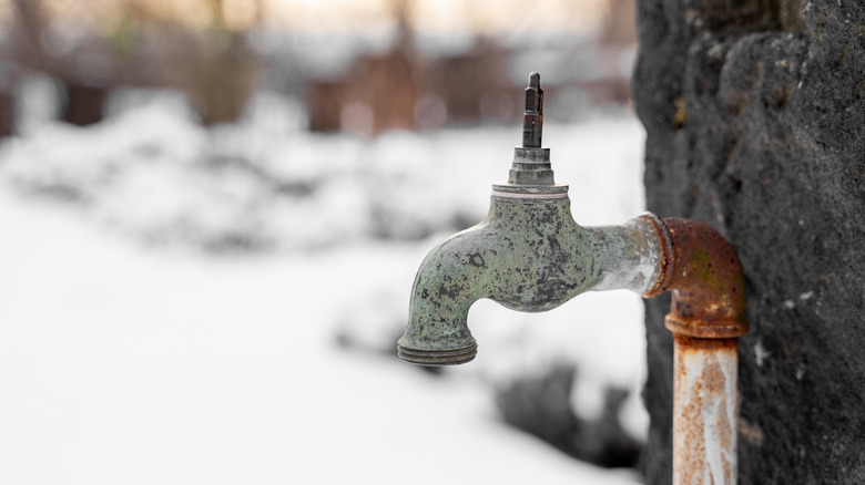 Outdoor faucet in front of a snowy background