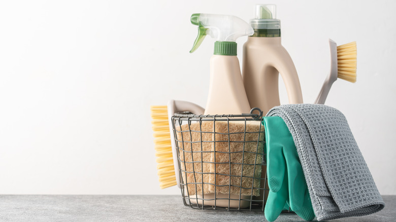 Cleaning products in wire basket