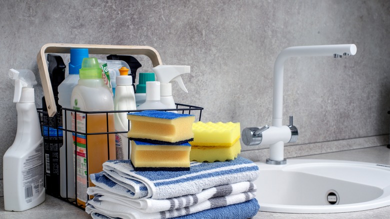 Cleaning supplies on a countertop