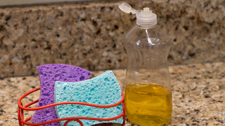 sponges and soap on granite countertop