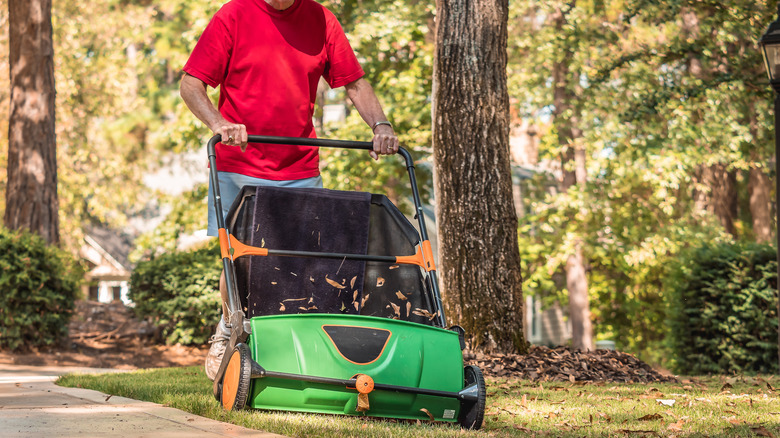 man pushing lawn sweeper