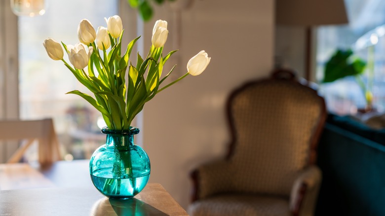 Tulips in blue vase