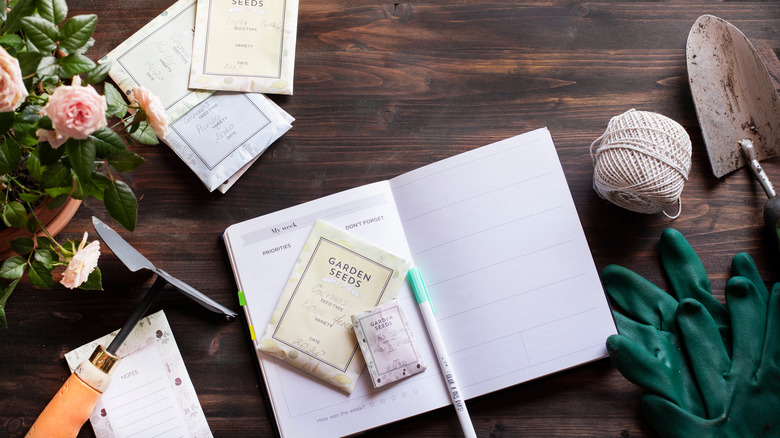 Gardening tools and notebook