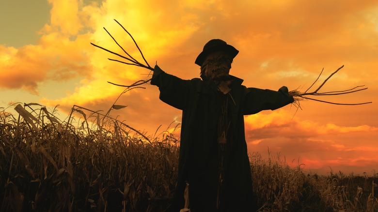 shadowy scarecrow in orange sky