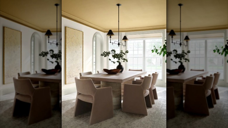 Dining room with gold ceiling