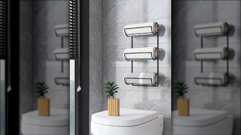 towel rack above a toilet