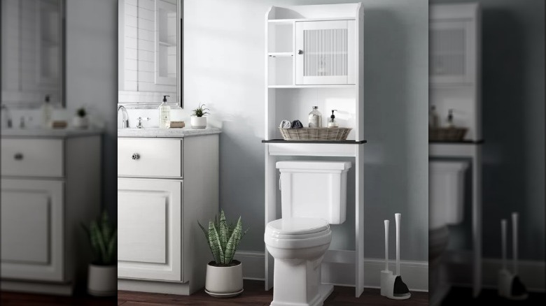 shelving unit above a toilet