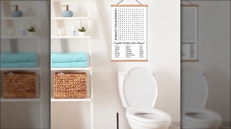 word-search puzzle above a toilet