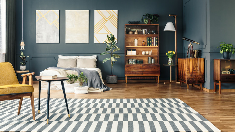 boho bedroom with striped rug