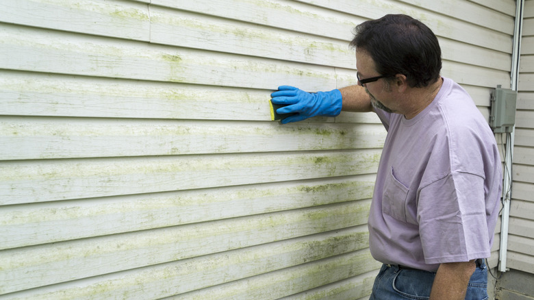 man cleaning vinyl siding