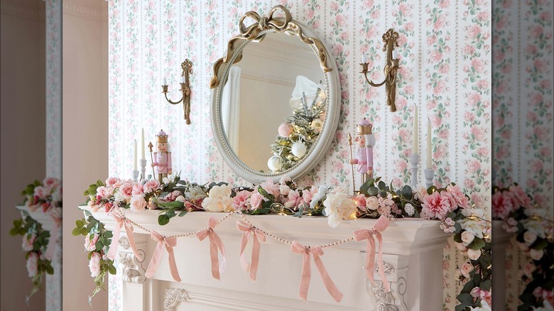 Mantel with pink bow garland and bow mirror