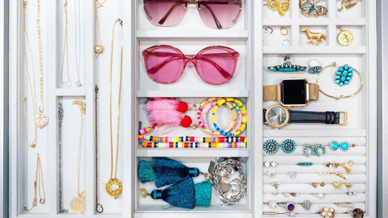 organized sunglasses and jewelry