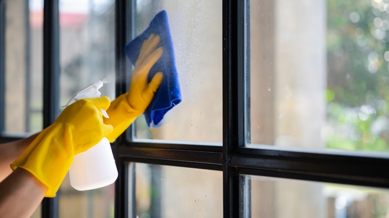 gloved hand cleaning windows