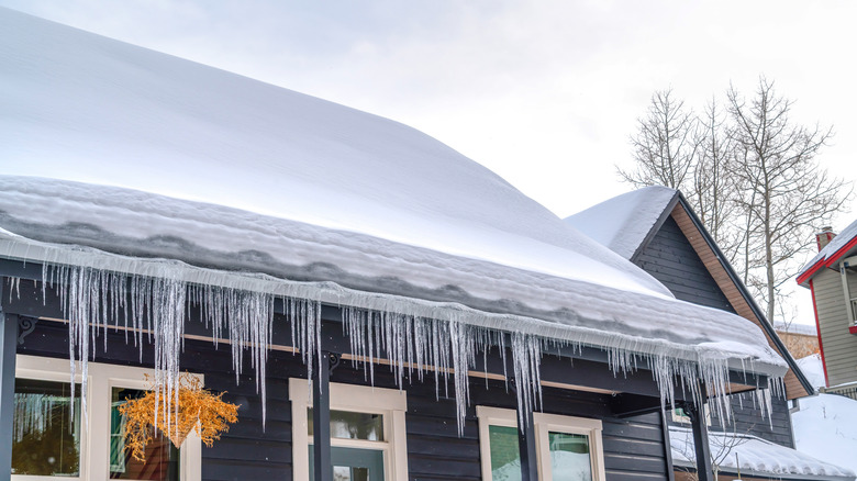 snowy roof with hanging icicles