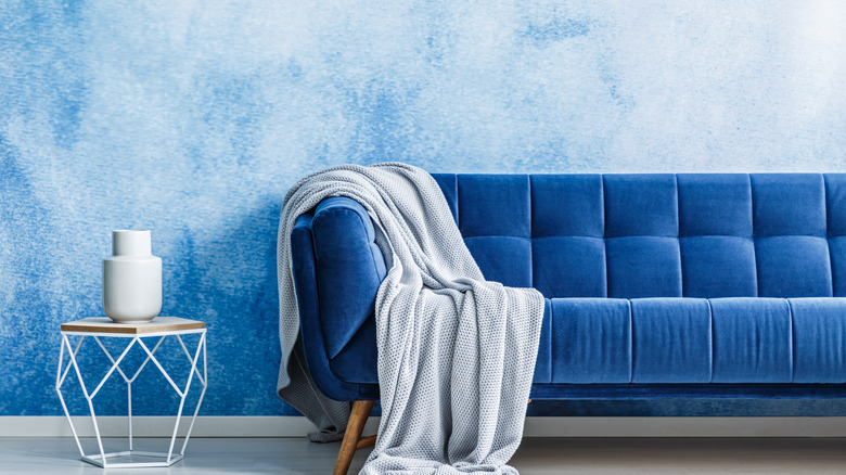 blue wallpaper and sofa