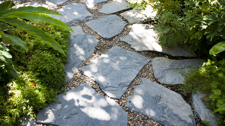 A paver path with pebbles between pavers