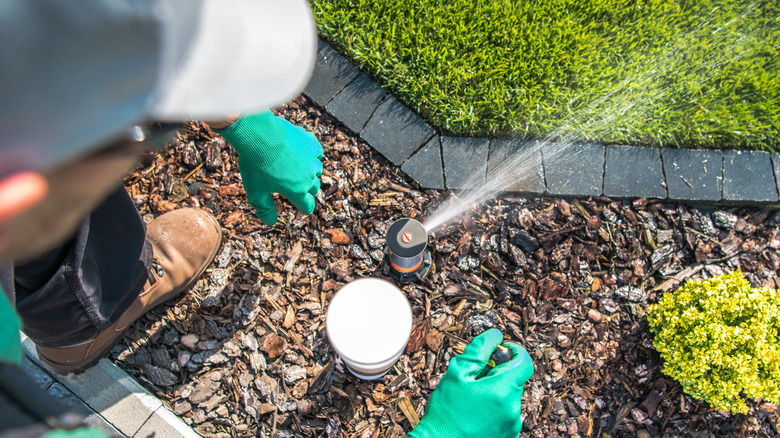 Technician adjusting lawn sprinkler