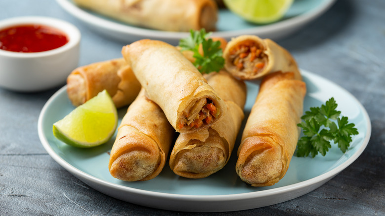 egg rolls on white plate