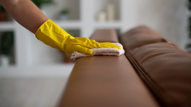 person wiping couch