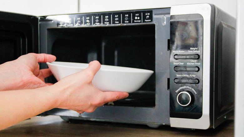 Hands placing a bowl into the microwave