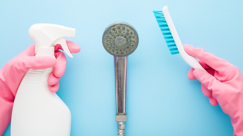 cleaning shower head with brush