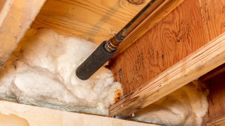 A pipe running through an insulated crawlspace