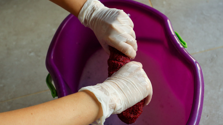 Hands wringing out a microfiber cloth over a bucket