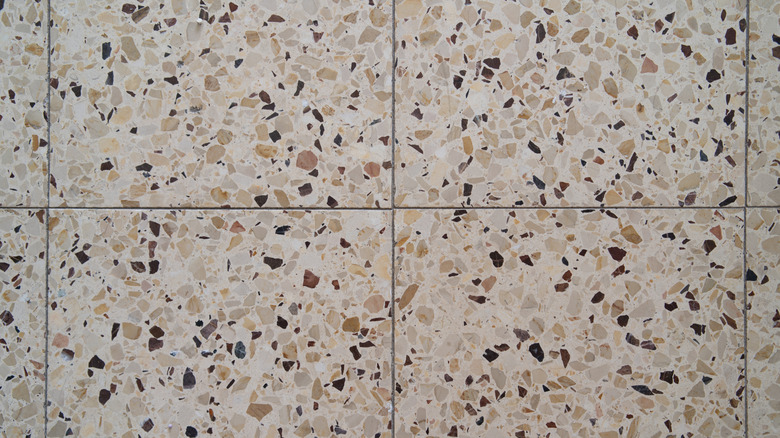 Square terrazzo tiles in flecked with neutral colors are shown in a detail shot