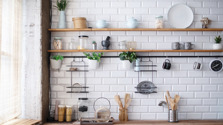 blue and black decor on shelves