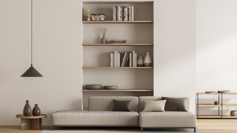 neutral living room and shelving 