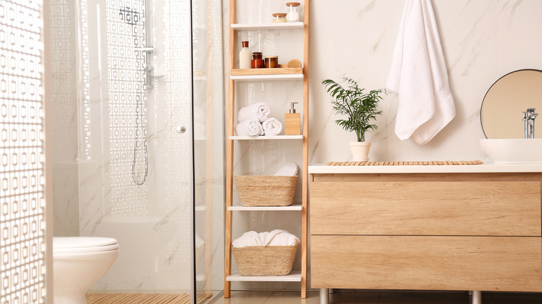 baskets on shelf in bathroom