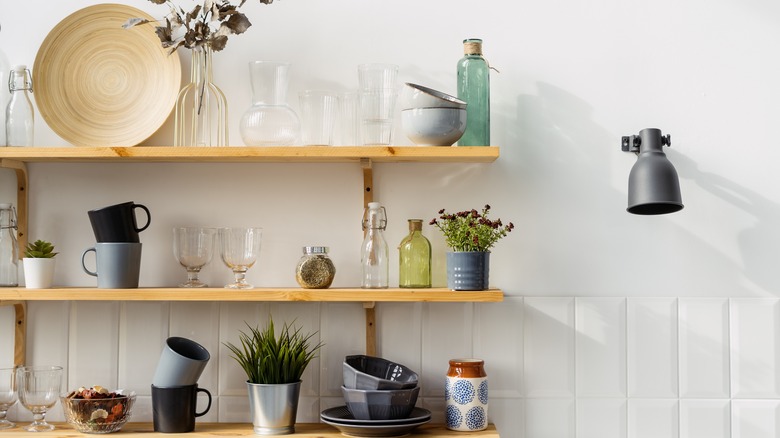 kitchenware on open shelves