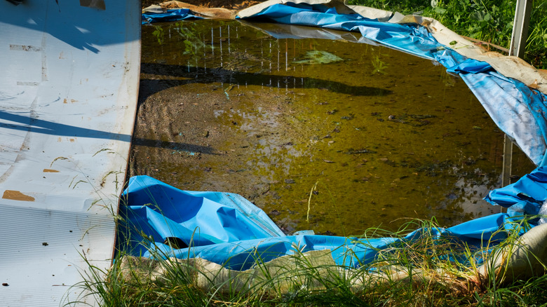 Demolished above-ground pool with water