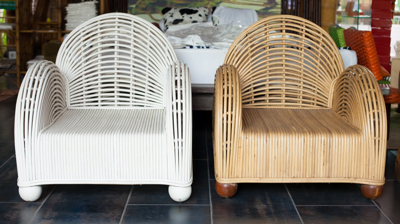 two white and brown chairs