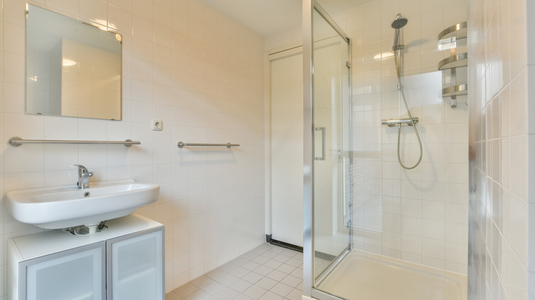 white bathroom with shower stall