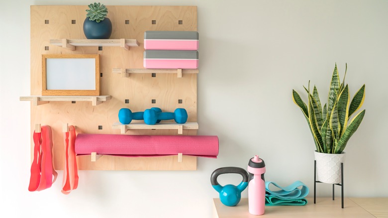 Pegboard hanging above office desk