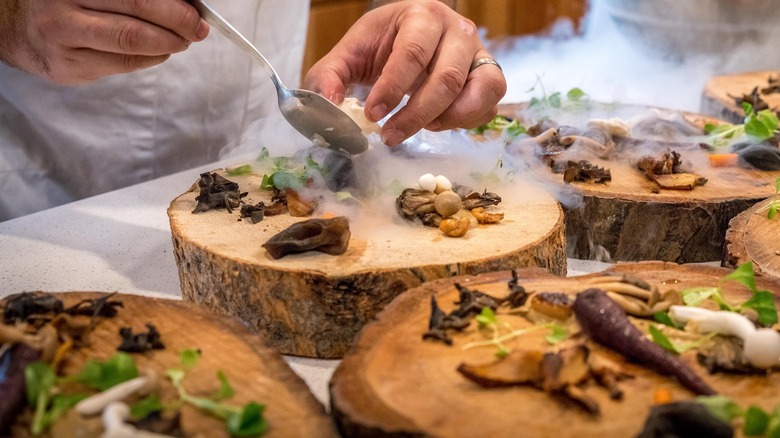 food on wood plates