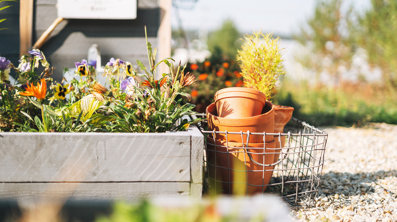 A classic raised garden bed with flowers