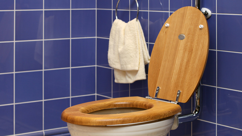 Dark blue tiles with white grout in a bathroom with a wooden toilet seat