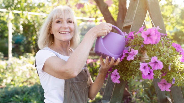 woman watering hanging petunias 