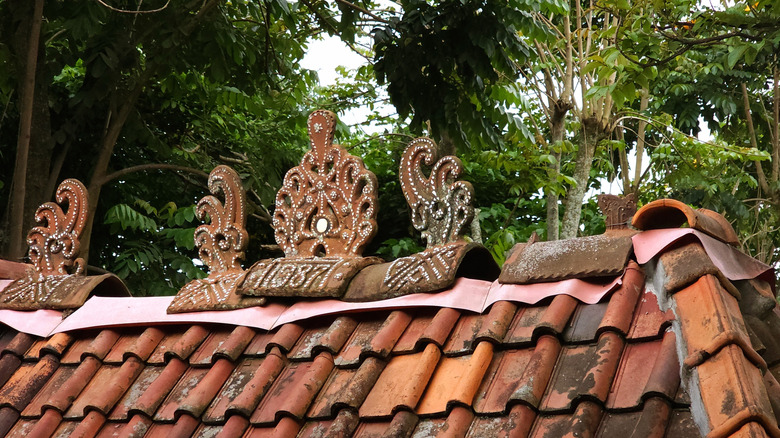 A Javanese-style clay tile roof is covered in moss and debris