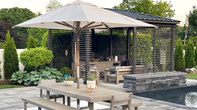 A patio table with umbrella