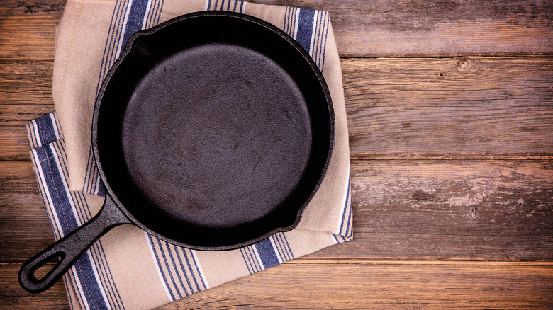 Cast-iron pan on towel