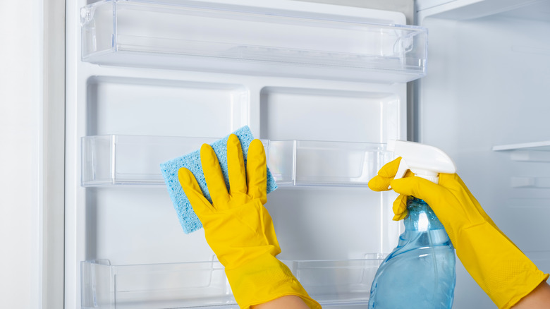 yellow gloves cleaning refrigerator