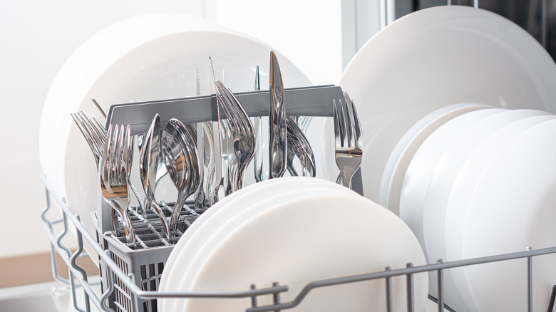 dishes and silverware in dishwasher