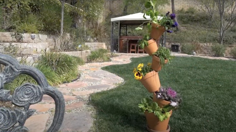 DIY pot tower in garden