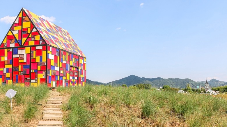 brightly decorated house in countryside